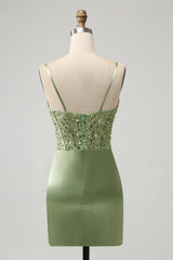 back of Corset Sequin Mini Homecoming Dress in Sage Green