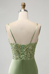 back of Corset Sequin Mini Homecoming Dress in Sage Green