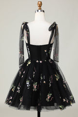 back of Floral Embroidery Sweetheart A-Line Short Party Dress in black