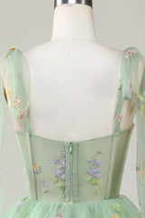 back of Floral Embroidery Sweetheart A-Line Short Party Dress in light green