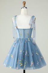 back of Floral Embroidery Sweetheart A-Line Short Party Dress in dusty blue