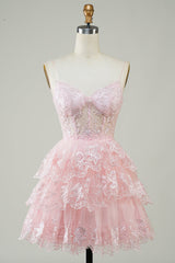 Glitter Lace Corset Ruffle Tiered Short Homecoming Dress in pink