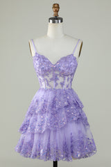 Glitter Lace Corset Ruffle Tiered Short Homecoming Dress in lavender