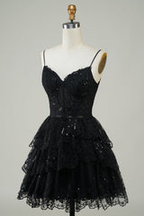 Glitter Lace Corset Ruffle Tiered Short Homecoming Dress in black