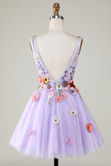 back of 3D Floral V-Neck Backless Homecoming Dress in Lavender