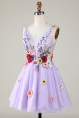 3D Floral V-Neck Backless Homecoming Dress in Lavender