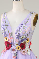 top of 3D Floral V-Neck Backless Homecoming Dress in Lavender