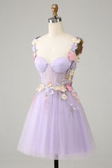 3D Floral Sweetheart Lace-Up Homecoming Dress in Lavender