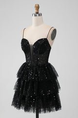 Black Tulle Sequin Ruffle Tiered Short Homecoming Dress