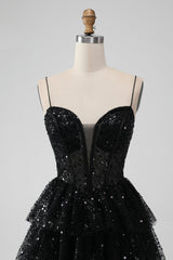 Black Tulle Sequin Ruffle Tiered Short Homecoming Dress