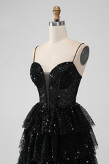 Black Tulle Sequin Ruffle Tiered Short Homecoming Dress