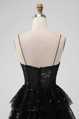 Black Tulle Sequin Ruffle Tiered Short Homecoming Dress