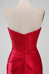 Strapless Lace Ruched Bodycon Short Homecoming Dress in red