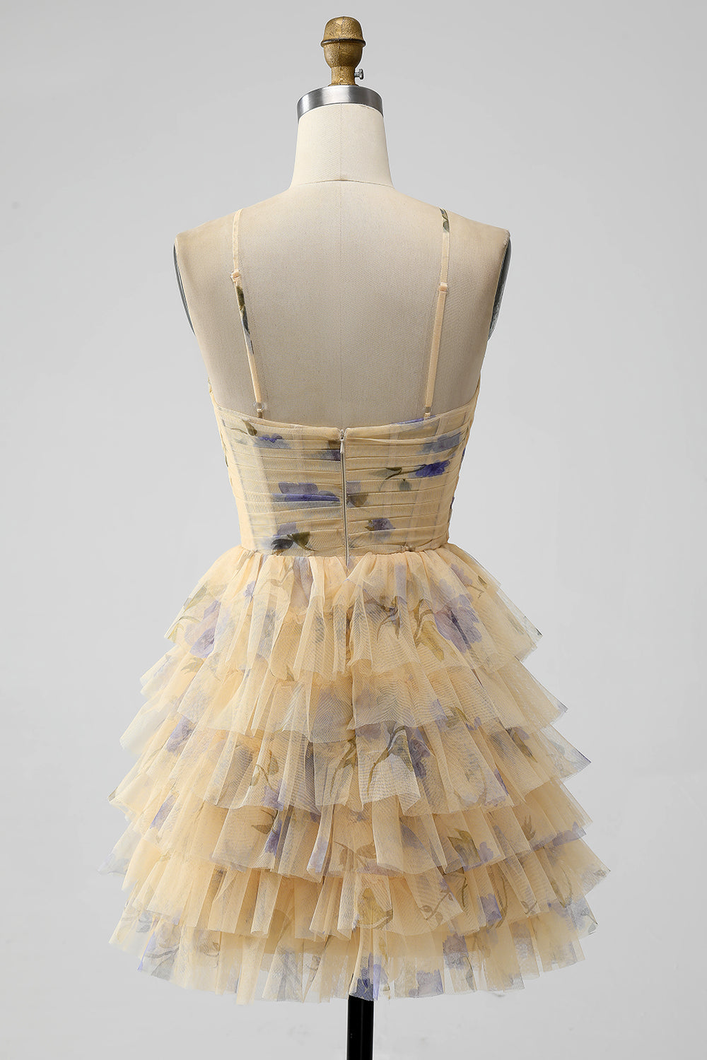 back of Yellow Print Keyhole Ruffle Tiered Short Homecoming Dress