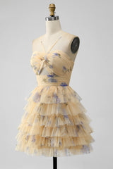 Yellow Print Keyhole Ruffle Tiered Short Homecoming Dress