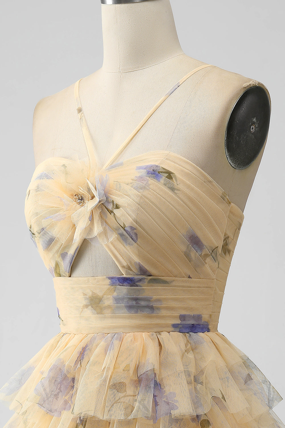 Yellow Print Keyhole Ruffle Tiered Short Homecoming Dress