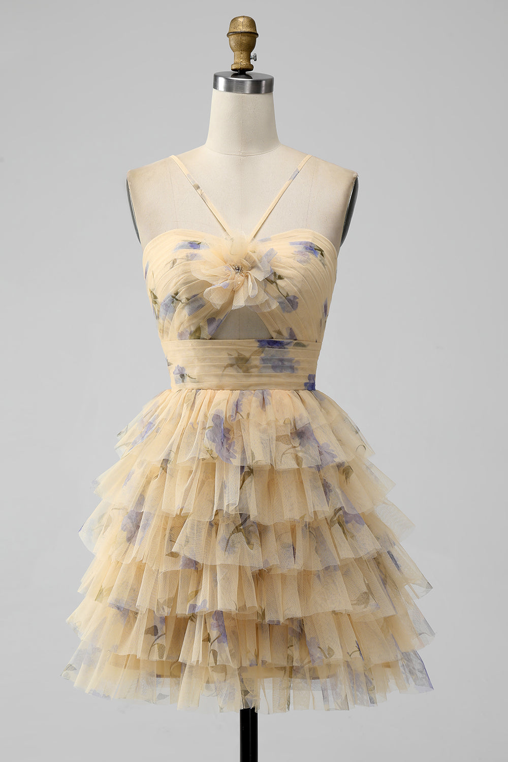 Yellow Print Keyhole Ruffle Tiered Short Homecoming Dress