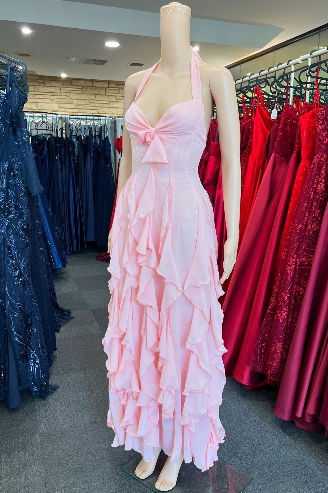 Pink Halter Ruffle Maxi Dress