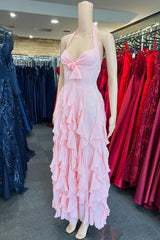 Pink Halter Ruffle Maxi Dress