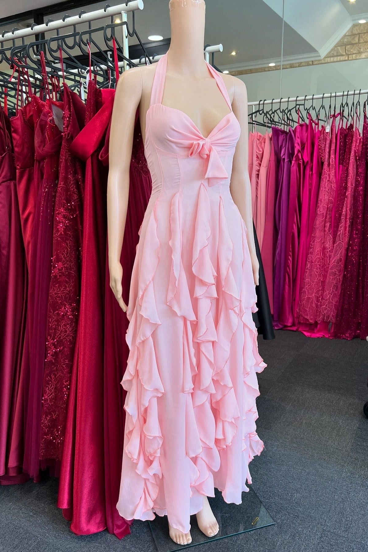 Pink Halter Ruffle Maxi Dress