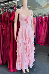 Pink Halter Ruffle Maxi Dress