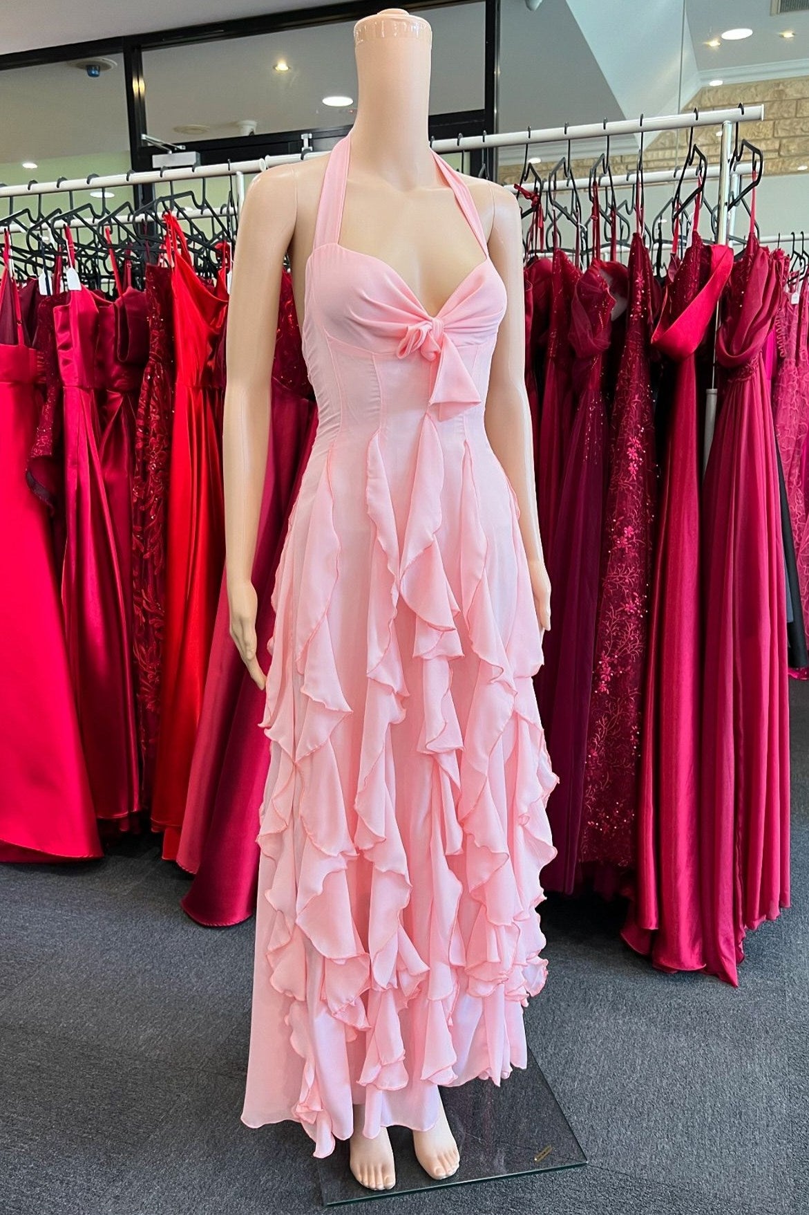 Pink Halter Ruffle Maxi Dress