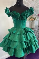 Off-the-Shoulder Corset Ruffle Tiered Homecoming Dress in green