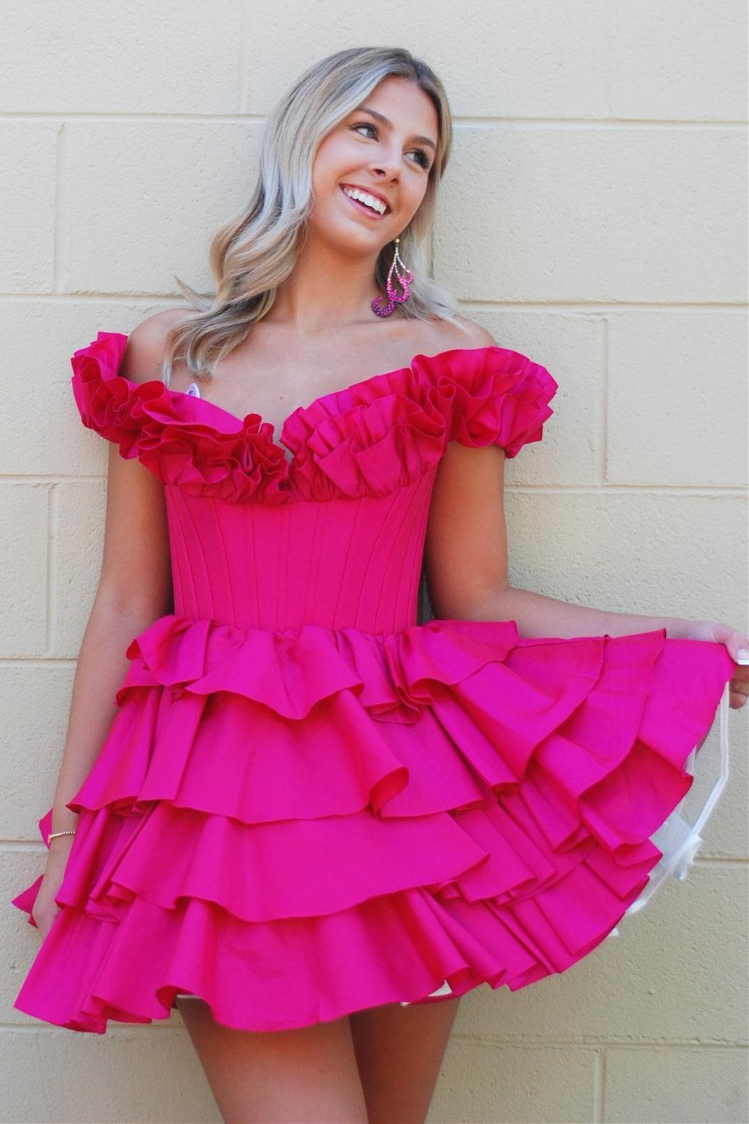 Off-the-Shoulder Corset Ruffle Tiered Homecoming Dress in fuchsia