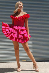 Off-the-Shoulder Corset Ruffle Tiered Homecoming Dress in fuchsia