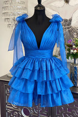 Plunge Neck Ruffle Tiered Homecoming Dress in Blue