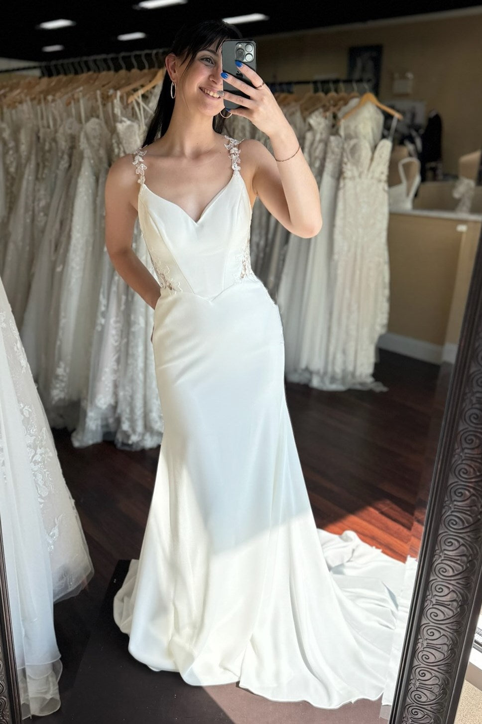 White V-Neck Sheer Back Mermaid Long Wedding Dress