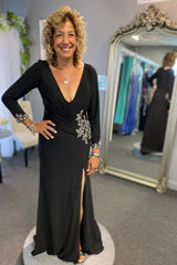 Black Plunge Neck Long Sleeve Mother's Gown with Appliques