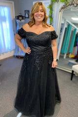 Off-the-Shoulder Black A-Line Mother's Gown with Glitter Lace