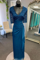 Turquoise V-Neck Ruched Mother of the Bride Dress with Half Sleeves