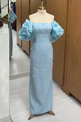 Light Blue Puff Sleeve Sheath Prom Dress with Pearls