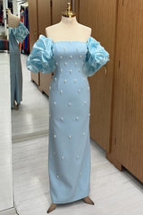 Light Blue Puff Sleeve Sheath Prom Dress with Pearls