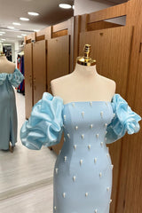 Light Blue Puff Sleeve Sheath Prom Dress with Pearls