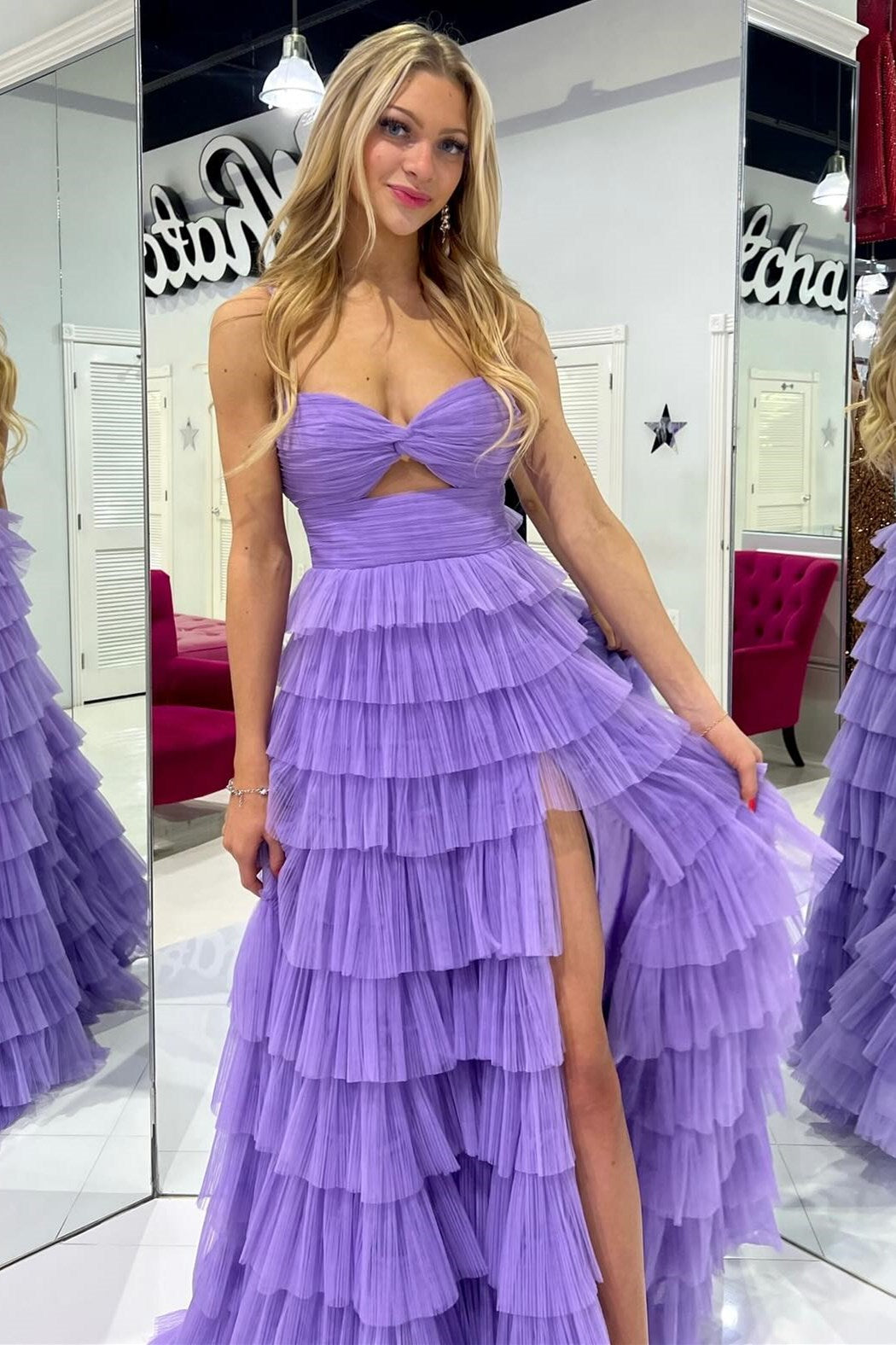 Lavender Twist-Front Keyhole Ruffle Tiered Prom Dress with Slit