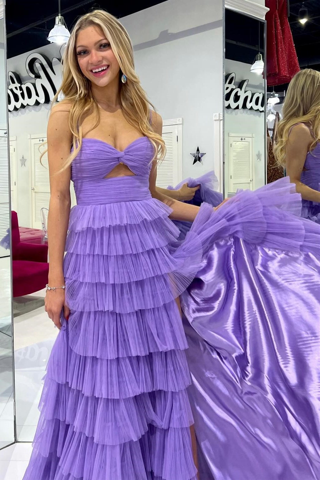 Lavender Twist-Front Keyhole Ruffle Tiered Prom Dress with Slit