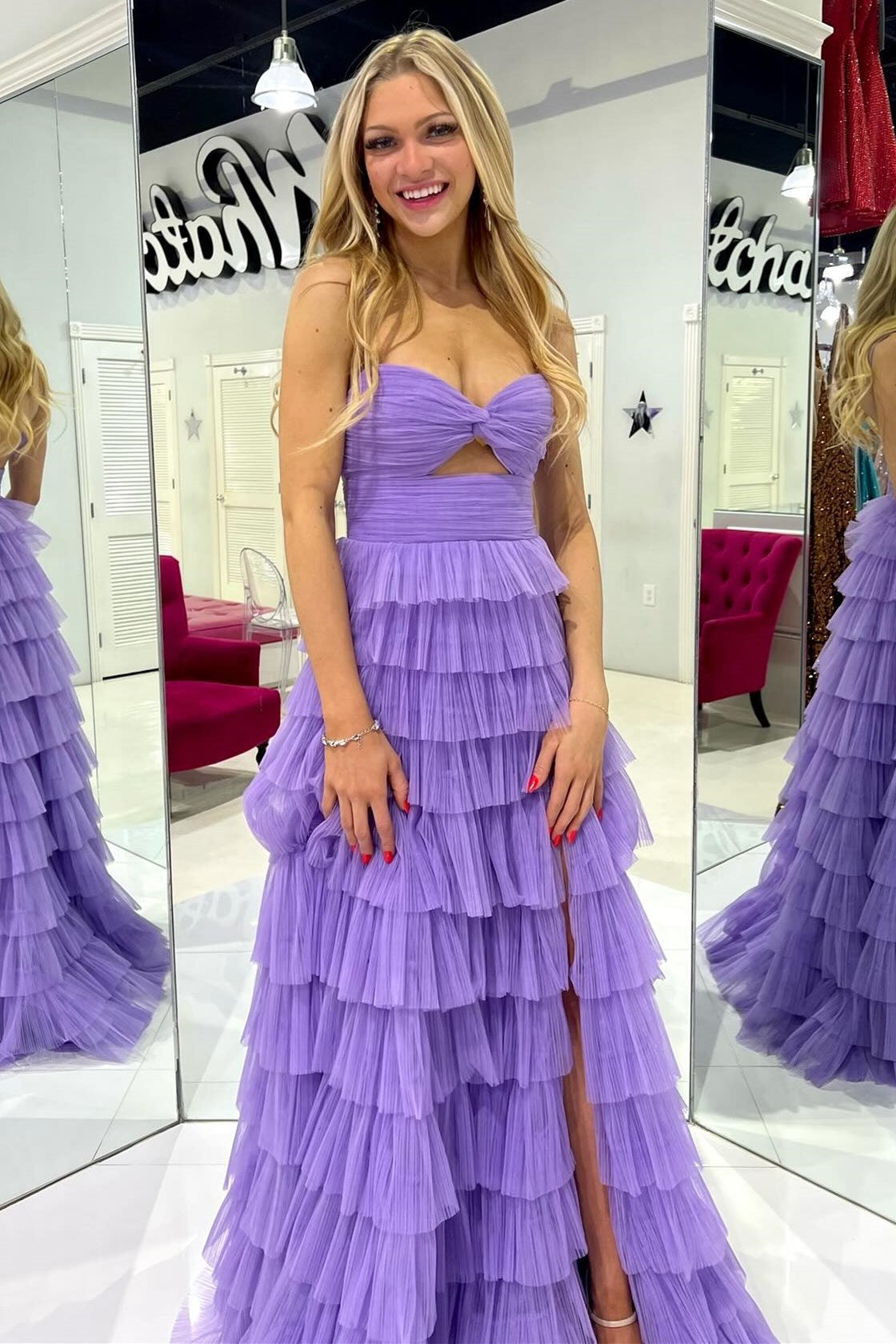 Lavender Twist-Front Keyhole Ruffle Tiered Prom Dress with Slit