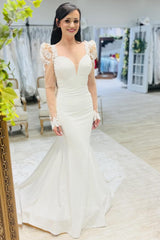 Mermaid White Strapless Wedding Dress with Detachable Sleeves