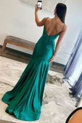 Emerald Spaghetti Strap Trumpet Pleated Maxi Dress with Slit