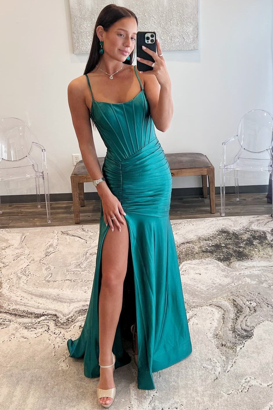 Emerald Spaghetti Strap Trumpet Pleated Maxi Dress with Slit