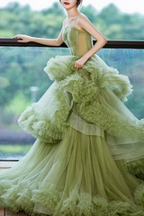 A-Line Sweetheart Overlay Tulle Dusty Sage Long Prom Dress