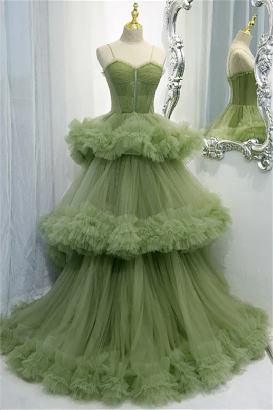 Sweetheart Overlay Tulle A-Line Dusty Sage Long Prom Dress
