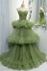 Sweetheart Overlay Tulle A-Line Dusty Sage Long Prom Dress