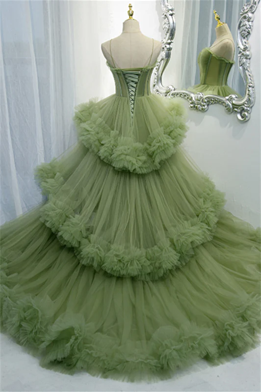 Tulle A-Line Sweetheart Overlay Dusty Sage Long Prom Dress