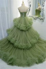 Tulle A-Line Sweetheart Overlay Dusty Sage Long Prom Dress