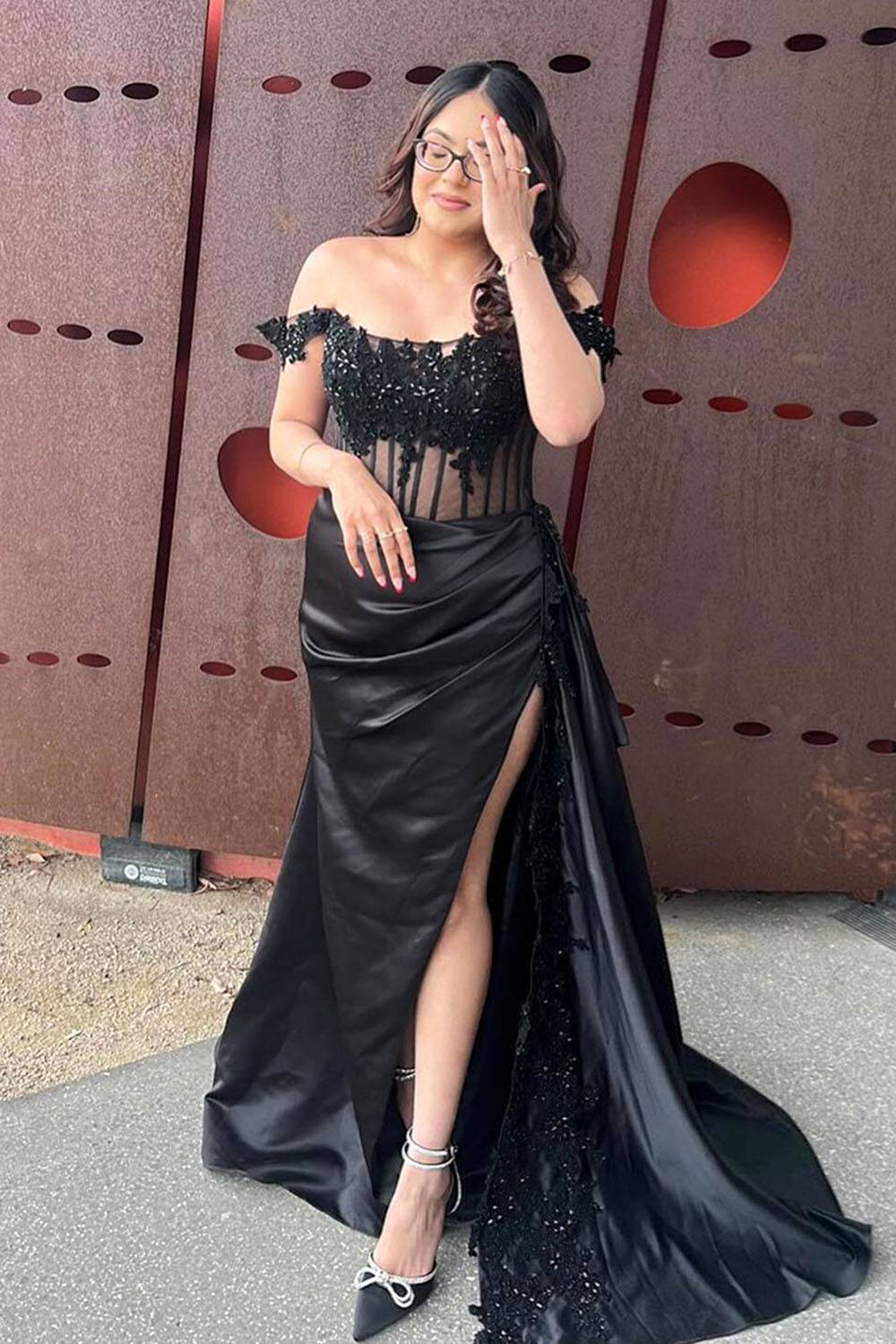 Satin Off the Shoulder Sheath Long Prom Dress with Appliques