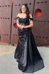 Satin Off the Shoulder Sheath Long Prom Dress with Appliques